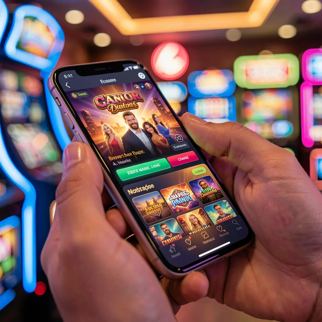 Modern smartphone displaying the JYJILL casino app with colorful slot games and bright neon visuals in a cinematic mobile gaming scene