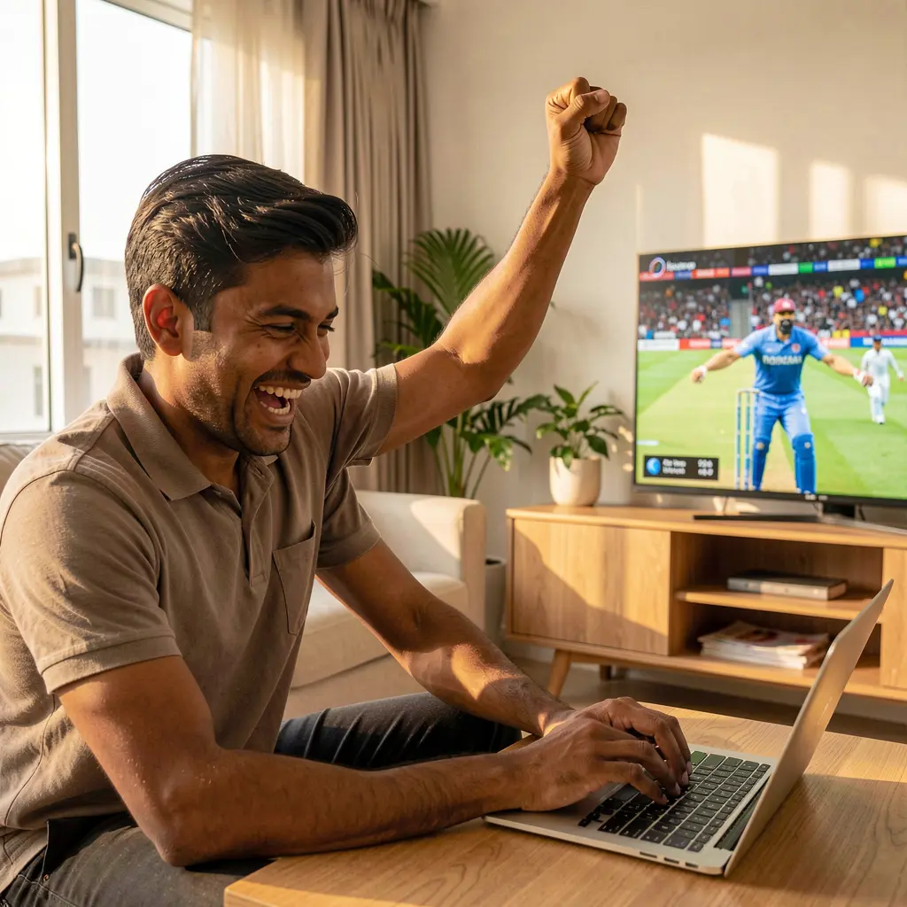 Excited Bangladeshi sports betting enthusiast celebrating a winning moment while placing live cricket bets on JYJILL using a laptop at home