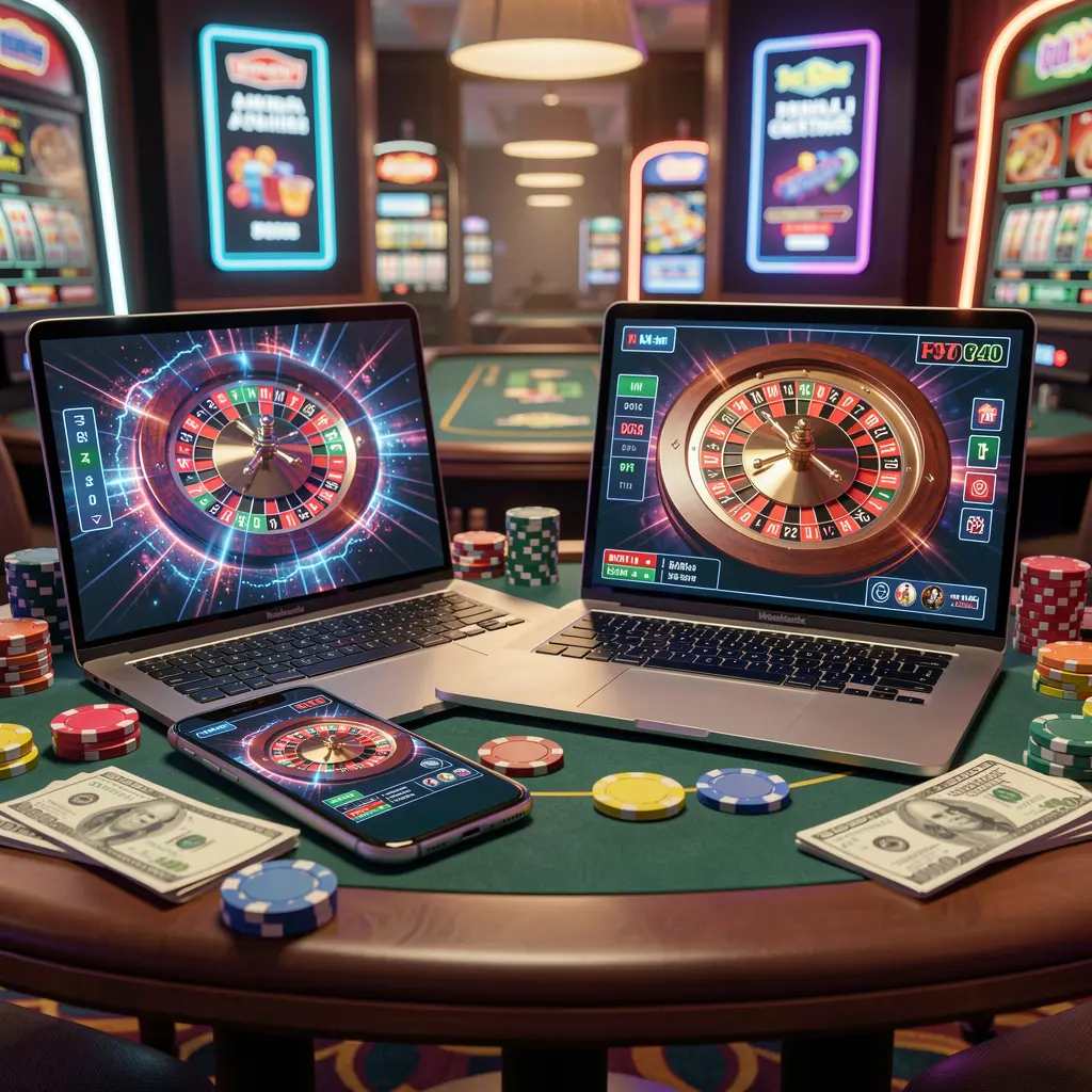 Modern laptop and smartphone displaying an immersive online roulette game with colorful casino chips highlighting the JYJILL casino experience in Bangladesh