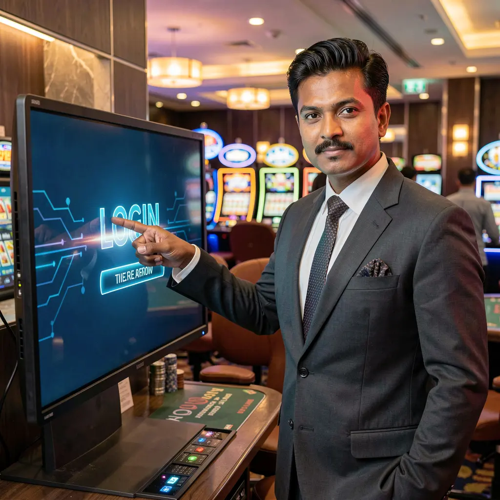 Confident Bangladeshi casino presenter pointing at a glowing login screen in a modern JYJILL casino environment