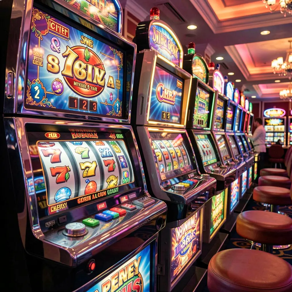 Row of modern slot machines with bright reels and detailed symbols in a lively casino atmosphere showcasing the premium gaming experience at JYJILL for players in Bangladesh